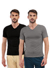 T.T. Men Slim Fit Poly Jersey V-Neck Half Sleeve T-Shirt Pack Of 2 Anthra::Black