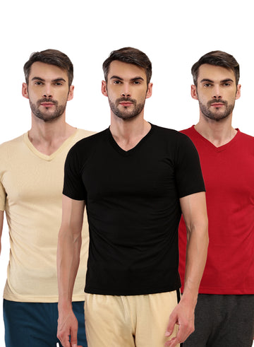 T.T. Men Slim Fit Poly Jersey V-Neck Half Sleeve T-Shirt Pack Of 3 Black::Maroon::Skin