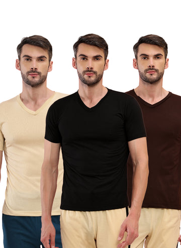 T.T. Men Slim Fit Poly Jersey V-Neck Half Sleeve T-Shirt Pack Of 3 Black::Brown::Skin