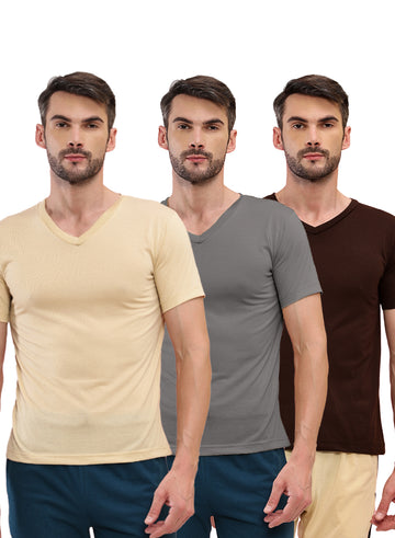 T.T. Men Slim Fit Poly Jersey V-Neck Half Sleeve T-Shirt Pack Of 3 Anthra::Brown::Skin