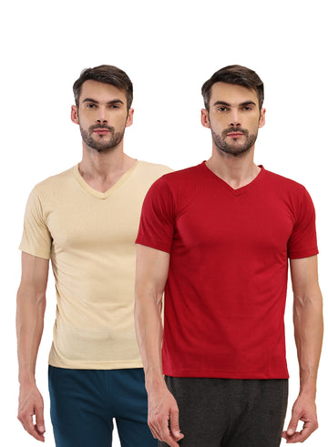 T.T. Men Slim Fit Poly Jersey V-Neck Half Sleeve T-Shirt Pack Of 2 Skin::Maroon