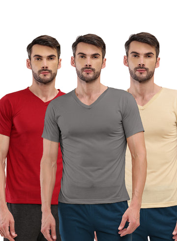 T.T. Men Slim Fit Poly Jersey V-Neck Half Sleeve T-Shirt Pack Of 3 Anthra::Maroon::Skin