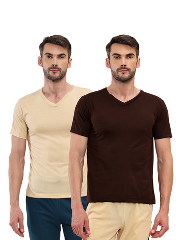 T.T. Men Slim Fit Poly Jersey V-Neck Half Sleeve T-Shirt Pack Of 2 Brown::Skin