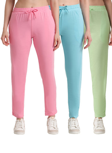 T.T. Women Regular Fit Poly Jersey Solid Trackpant Pack Of 3-Green-Pink-Turquoise