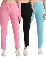 T.T. Women Regular Fit Poly Jersey Solid Trackpant Pack Of 3-Black-Pink-Turquoise