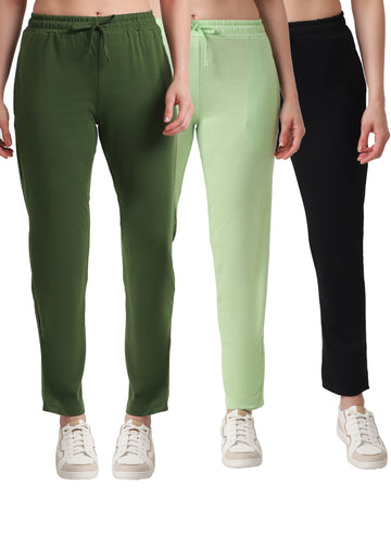 T.T. Women Regular Fit Poly Jersey Solid Trackpant Pack Of 3-Black-Green-Olive