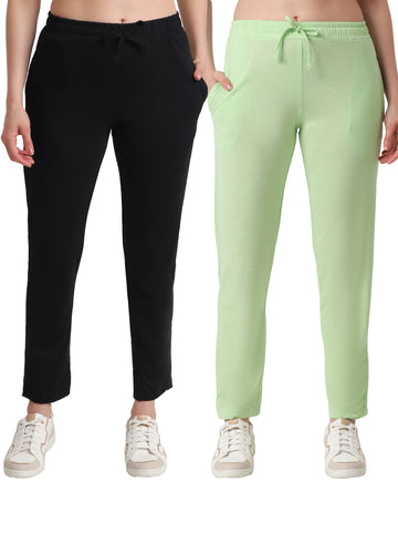 T.T. Women Regular Fit Poly Jersey Solid Trackpant Pack Of 2-Black-Green