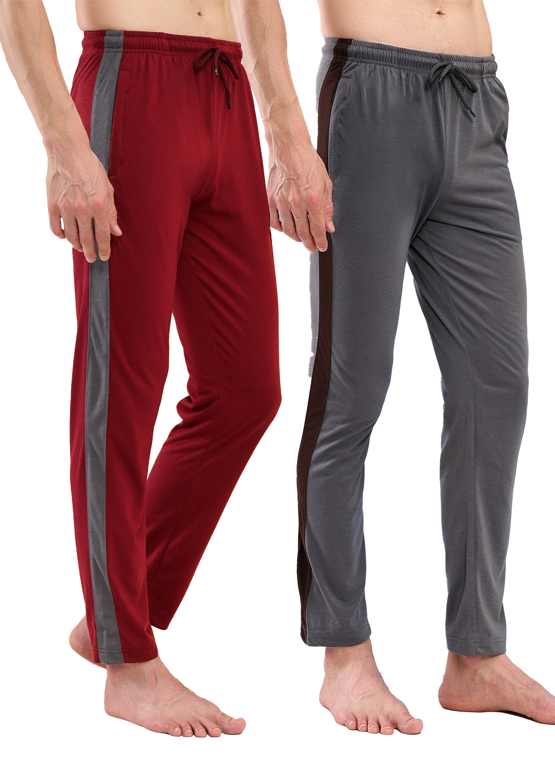 T.T. Men Regular Fit Poly Jersey Cut And Sew Trackpant Pack Of 2-Grey::Maroon