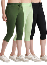 T.T. Women Regular Fit Poly Jersey Solid Capri Pack Of 3-Black-Green-Olive