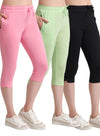 T.T. Women Regular Fit Poly Jersey Solid Capri Pack Of 3-Black-Green-Pink