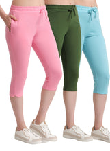 T.T. Women Regular Fit Poly Jersey Solid Capri Pack Of 3-Olive-Pink-Turquoise