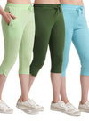 T.T. Women Regular Fit Poly Jersey Solid Capri Pack Of 3-Green-Olive-Turquoise