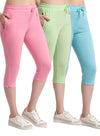 T.T. Women Regular Fit Poly Jersey Solid Capri Pack Of 3-Green-Pink-Turquoise