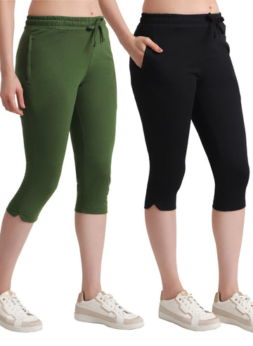 T.T. Women Regular Fit Poly Jersey Solid Capri Pack Of 2-Black-Olive