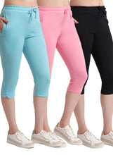 T.T. Women Regular Fit Poly Jersey Solid Capri Pack Of 3-Black-Pink-Turquoise