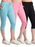 T.T. Women Regular Fit Poly Jersey Solid Capri Pack Of 3-Black-Pink-Turquoise