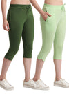 T.T. Women Regular Fit Poly Jersey Solid Capri Pack Of 2-Olive-Green