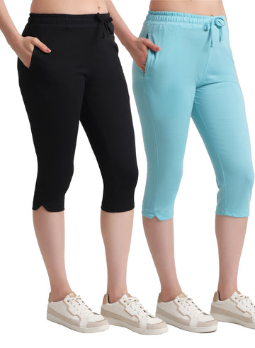 T.T. Women Regular Fit Poly Jersey Solid Capri Pack Of 2-Black-Turquoise