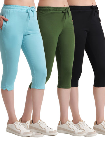 T.T. Women Regular Fit Poly Jersey Solid Capri Pack Of 3-Black-Olive-Turquoise