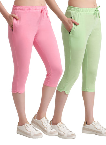 T.T. Women Regular Fit Poly Jersey Solid Capri Pack Of 2-Green-Pink