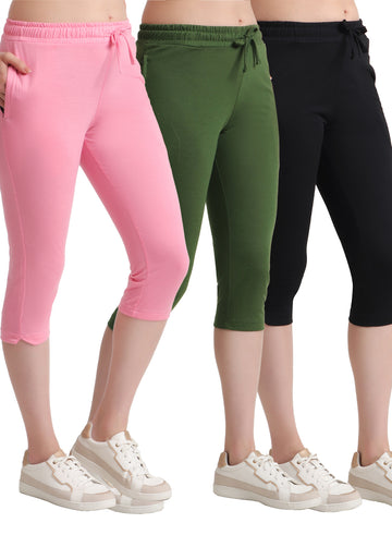 T.T. Women Regular Fit Poly Jersey Solid Capri Pack Of 3-Black-Olive-Pink