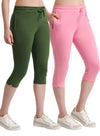 T.T. Women Regular Fit Poly Jersey Solid Capri Pack Of 2-Olive-Pink