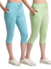 T.T. Women Regular Fit Poly Jersey Solid Capri Pack Of 2-Green-Turquoise