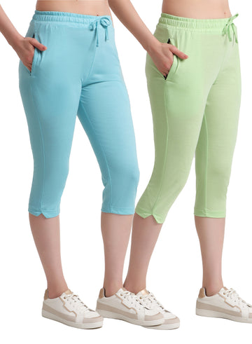 T.T. Women Regular Fit Poly Jersey Solid Capri Pack Of 2-Green-Turquoise