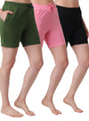 T.T. Women Regular Fit Poly Jersey Solid Short Pack Of 3-Black-Olive-Pink