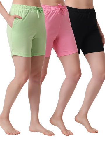 T.T. Women Regular Fit Poly Jersey Solid Short Pack Of 3-Black-Green-Pink