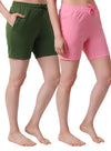 T.T. Women Regular Fit Poly Jersey Solid Short Pack Of 2-Olive-Pink