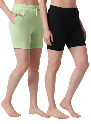 T.T. Women Regular Fit Poly Jersey Solid Short Pack Of 2-Black-Green