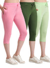 T.T. Women Regular Fit Poly Jersey Solid Capri Pack Of 3-Green-Olive-Pink