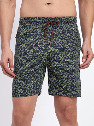 T.T. Men Regular Fit Cotton Polyster Printed Short With Zip Pocket Pack Of 1-Navy Geometric