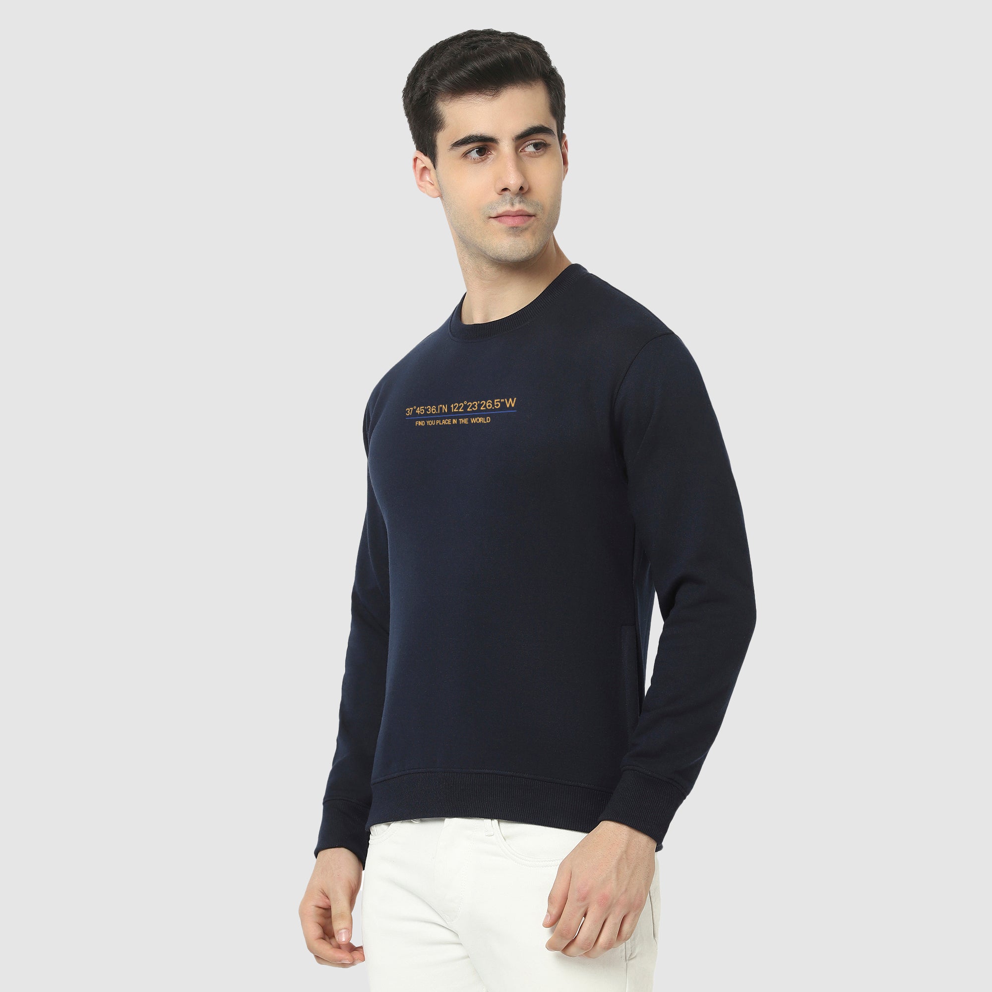 Hiflyers Men Slim Fit Slogan Printed Cotton Fleece Sweatshirt -Navy