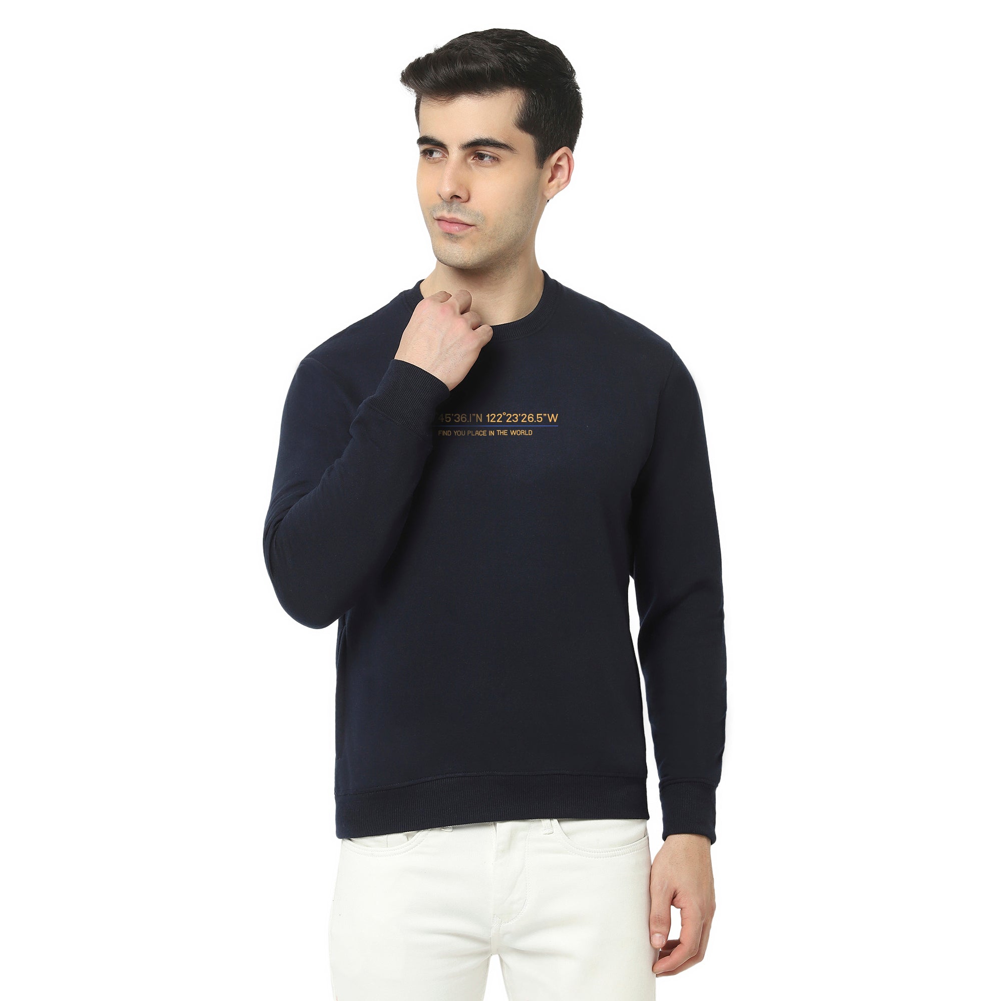 Hiflyers Men Slim Fit Slogan Printed Cotton Fleece Sweatshirt -Navy