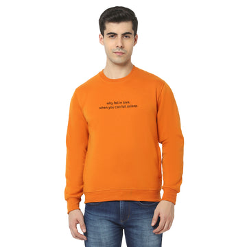 Hiflyers Men Slim Fit Slogan Printed Cotton Fleece Sweatshirt -Mustard