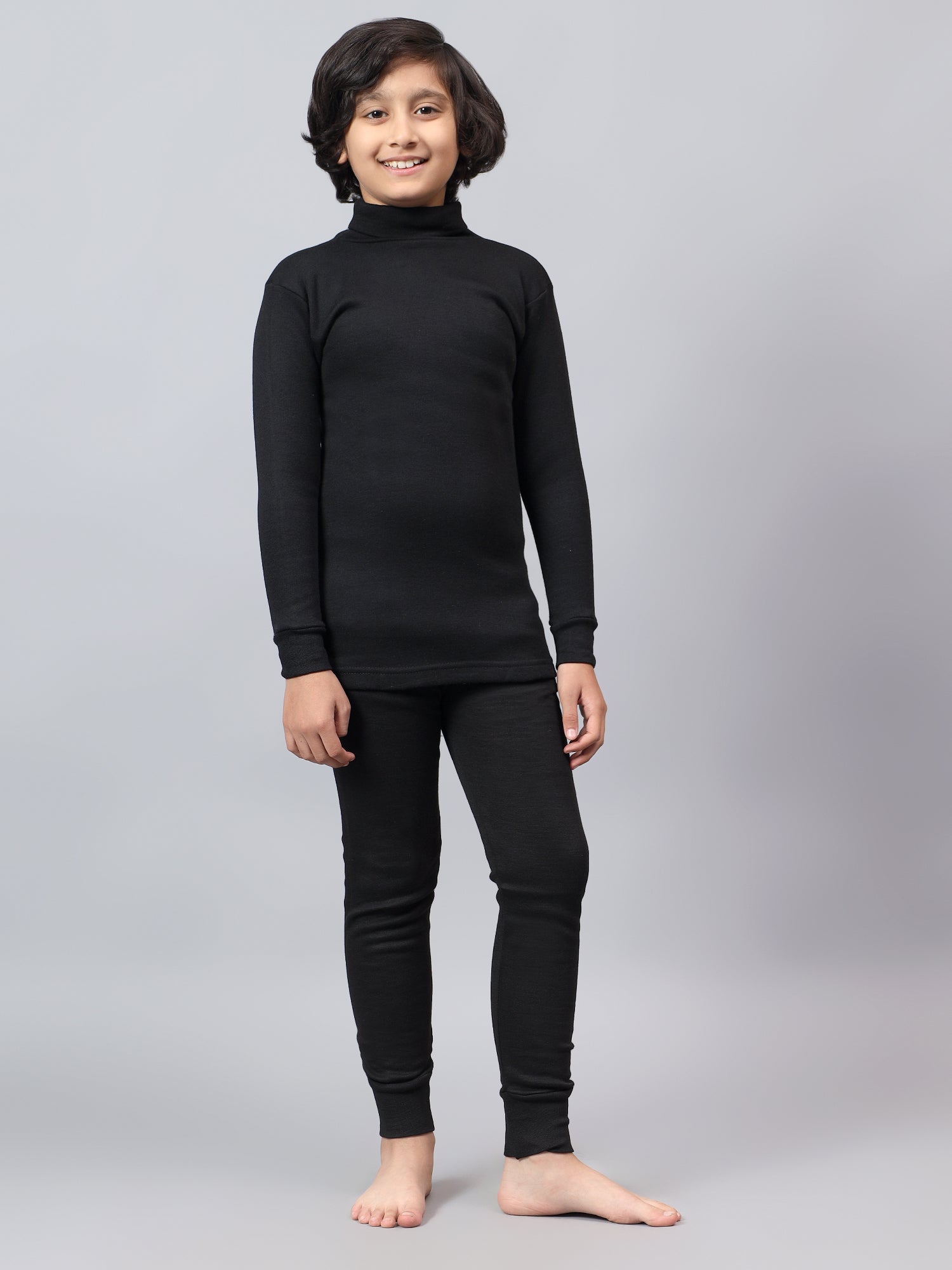 T.T. Boys & Girls |Slim Fit| Cotton Fleece |Full Sleeves|High Neck|Trendy Winter Wear|Dyed Top With Inner Elastic Payjama Thermal Set -Black