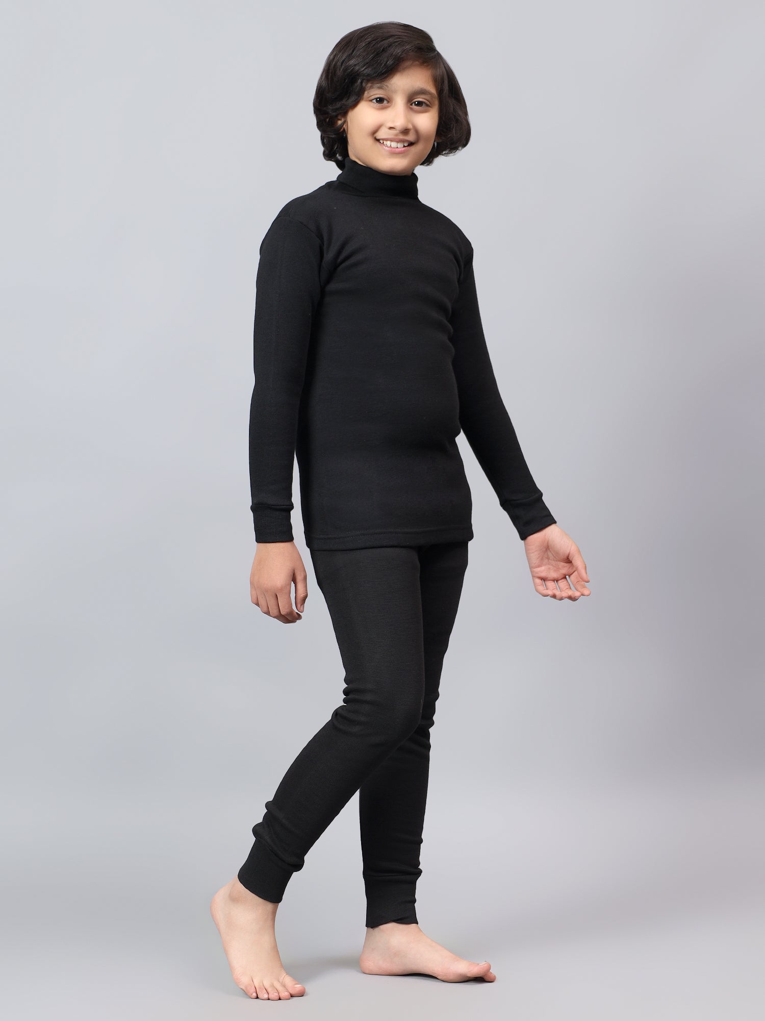 T.T. Boys & Girls |Slim Fit| Cotton Fleece |Full Sleeves|High Neck|Trendy Winter Wear|Dyed Top With Inner Elastic Payjama Thermal Set -Black