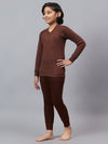 T.T. Boys & Girls Hotpot Thunder|Slim Fit| Cotton Fleece |Full Sleeves|V-Neck|Trendy Winter Wear|Top-Payjama Thermal Set -Brown