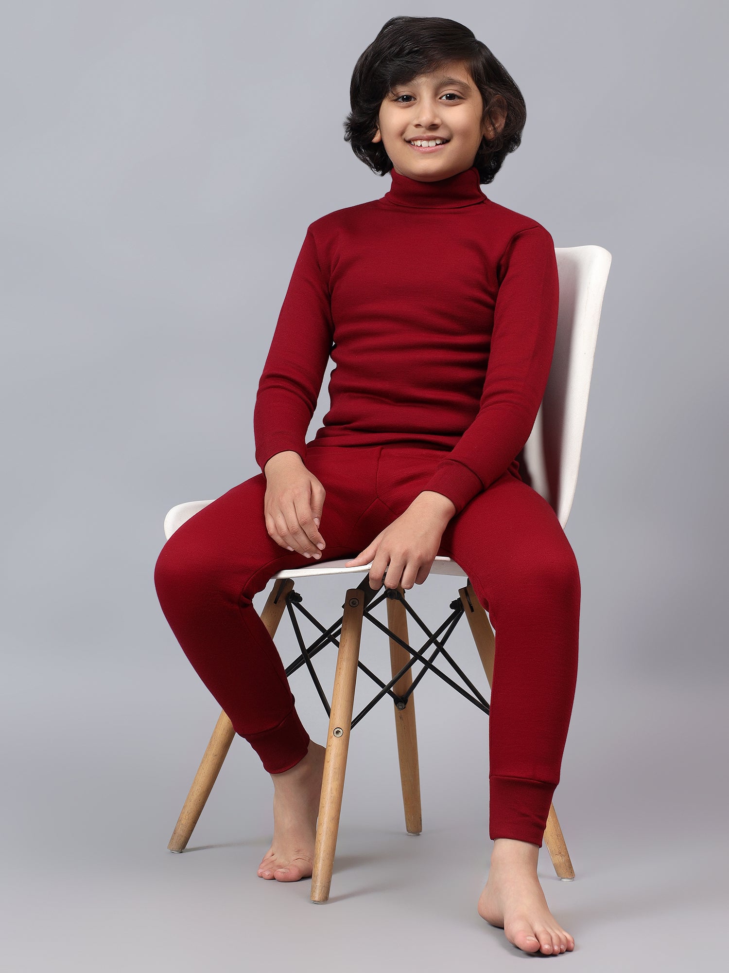 T.T. Boys & Girls |Slim Fit| Cotton Fleece |Full Sleeves|High Neck|Trendy Winter Wear|Dyed Top With Inner Elastic Payjama Thermal Set -Red