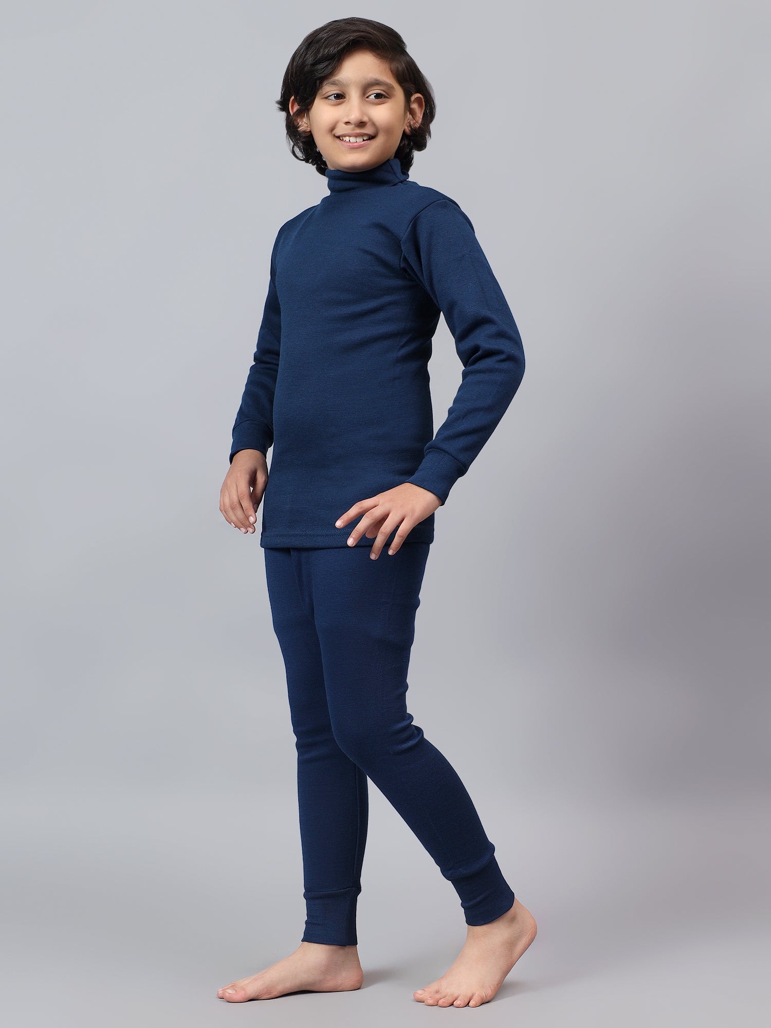 T.T. Boys & Girls |Slim Fit| Cotton Fleece |Full Sleeves|High Neck|Trendy Winter Wear|Dyed Top With Inner Elastic Payjama Thermal Set -Blue