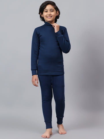 T.T. Boys & Girls |Slim Fit| Cotton Fleece |Full Sleeves|High Neck|Trendy Winter Wear|Dyed Top With Top Elastic Payjama Thermal Set -Blue