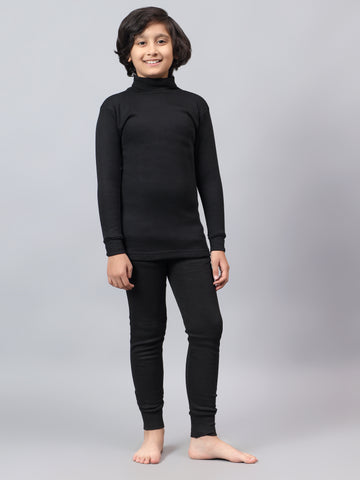 T.T. Boys & Girls |Slim Fit| Cotton Fleece |Full Sleeves|High Neck|Trendy Winter Wear|Dyed Top With Top Elastic Payjama Thermal Set -Black