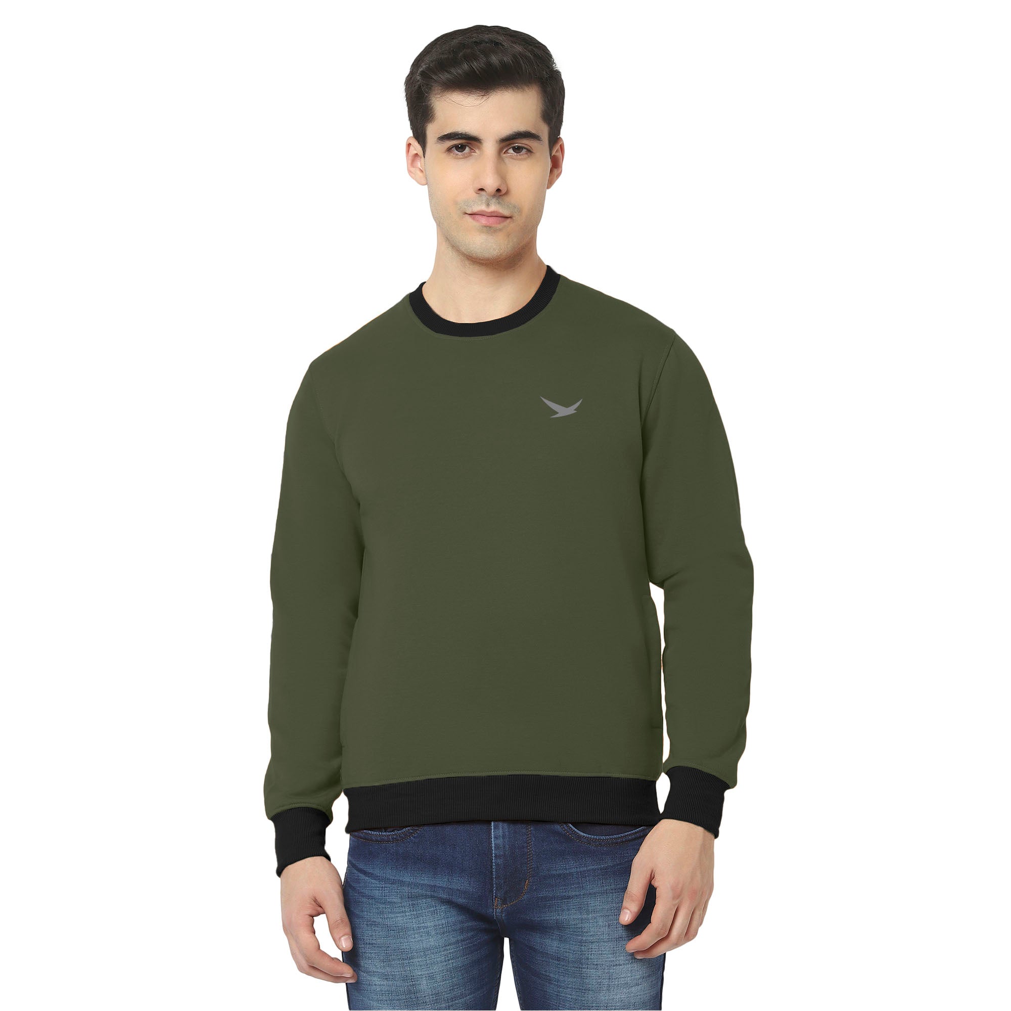 Hiflyers Men Slim Fit Cotrast Rib Cotton Fleece Round Neck Sweatshirt -Olive