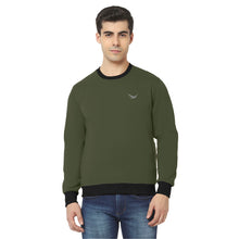 Hiflyers Men Slim Fit Cotrast Rib Cotton Fleece Round Neck Sweatshirt -Olive