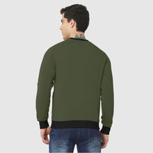 Hiflyers Men Slim Fit Cotrast Rib Cotton Fleece Round Neck Sweatshirt -Olive