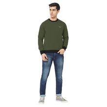 Hiflyers Men Slim Fit Cotrast Rib Cotton Fleece Round Neck Sweatshirt -Olive