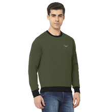 Hiflyers Men Slim Fit Cotrast Rib Cotton Fleece Round Neck Sweatshirt -Olive