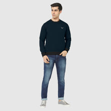 Hiflyers Men Slim Fit Cotrast Rib Cotton Fleece Round Neck Sweatshirt -Navy